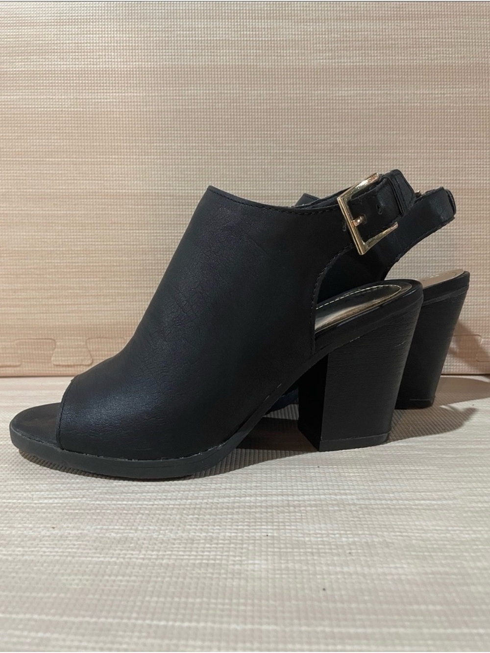 Rampage Black Peep-Toe Slingback Block Heels with Gold Buckle